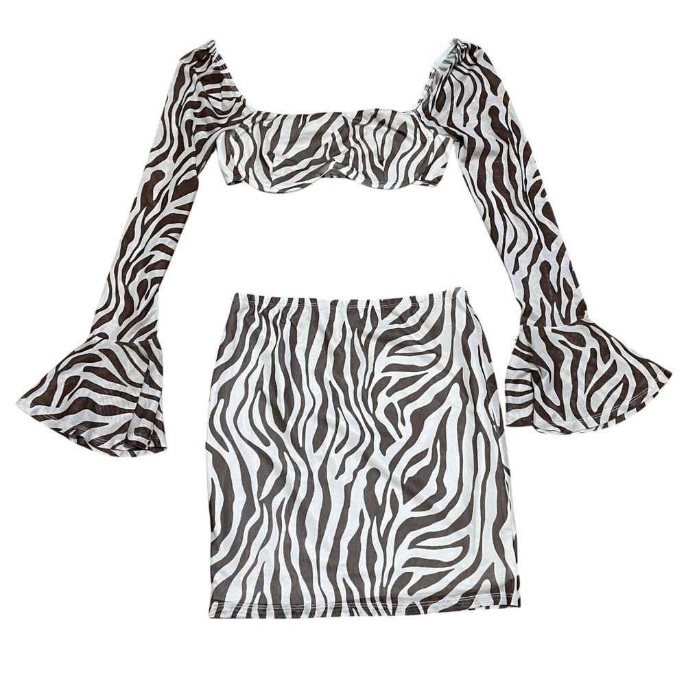Princess Polly Women's 6 Zebra Print Safari 2 Piece Brown Cream Bell Sleeve Crop